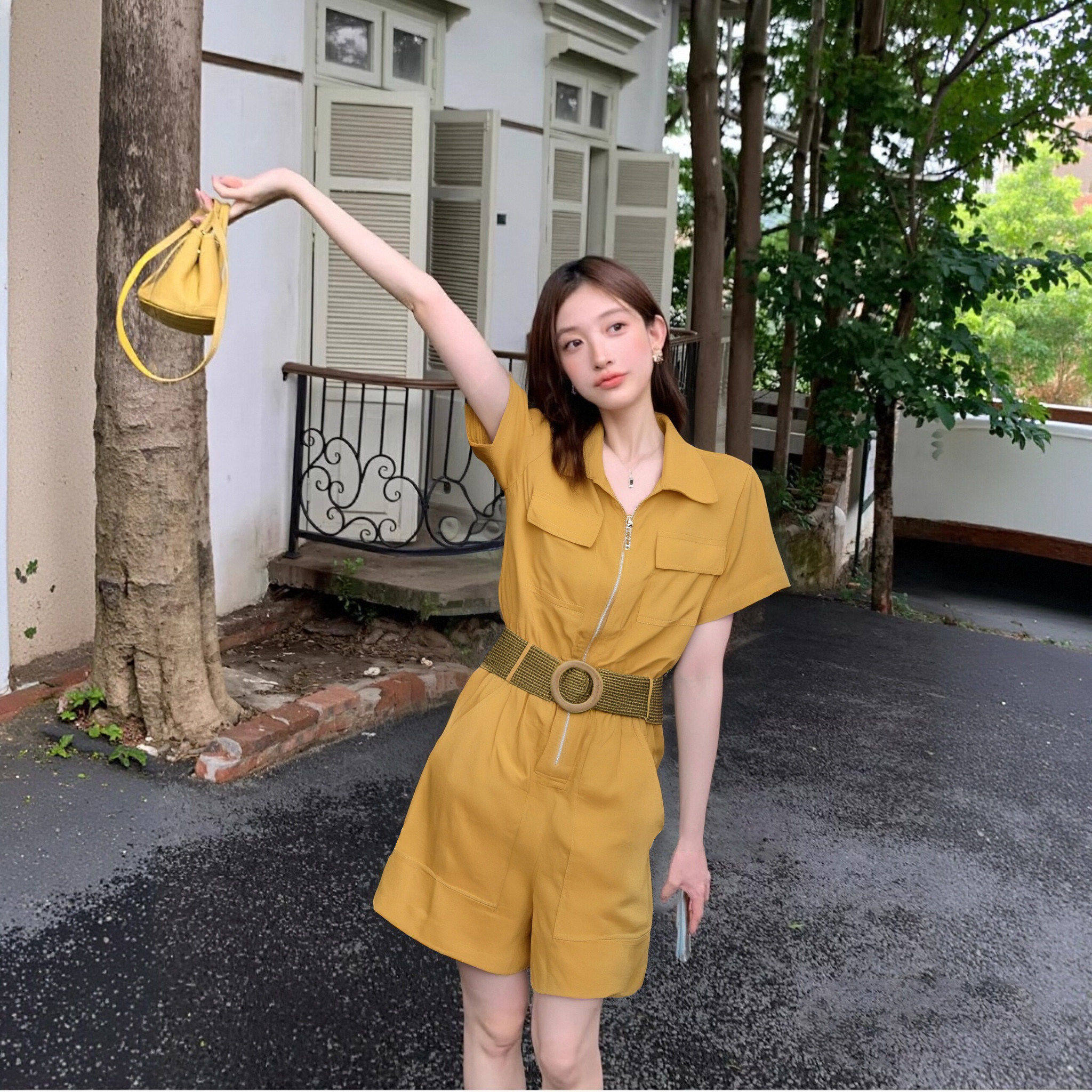 【送腰带】高级感时尚工装连体裤女2026春季新款显瘦短裤D2410