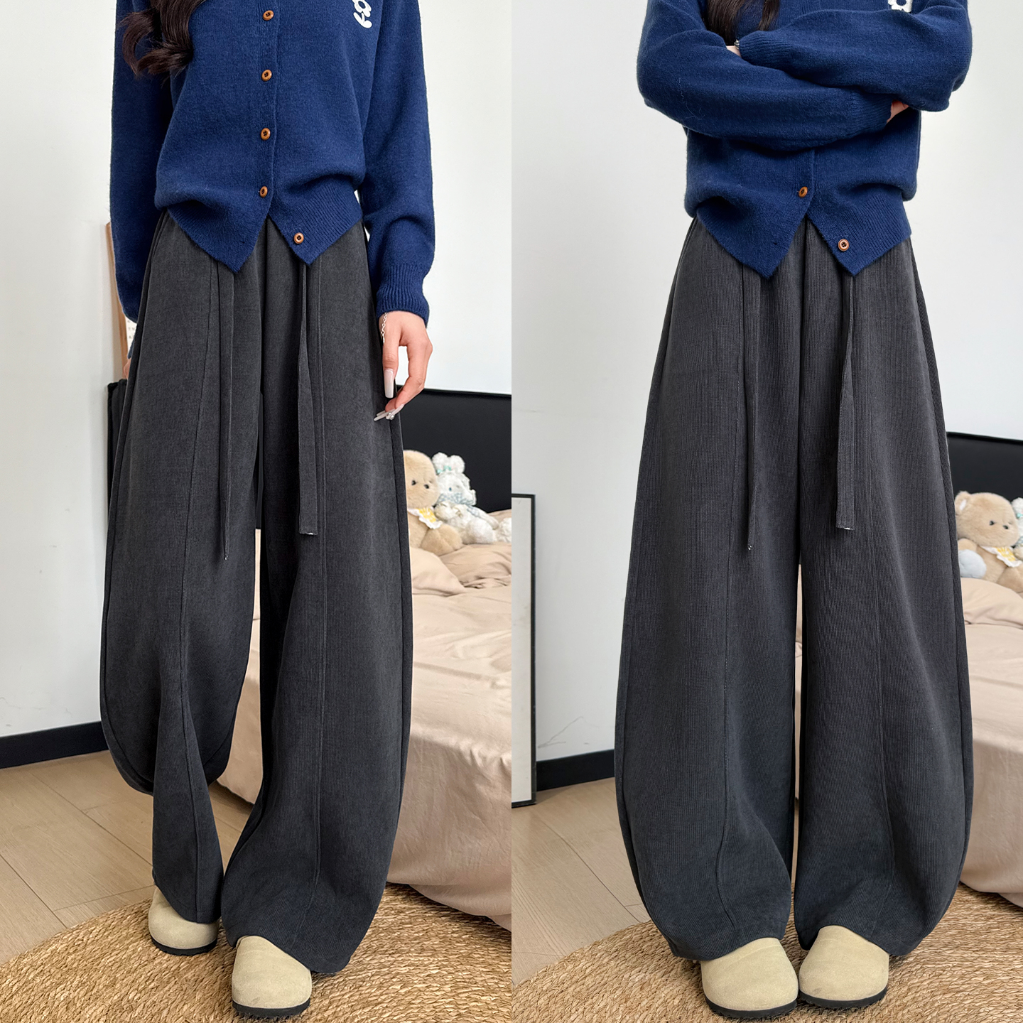 美拉德棕咖色弯刀裤女2025新款秋冬加绒直筒宽松慵懒风灯芯绒阔腿