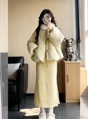 新中式毛绒立领短款棉服外套高级感气质旗袍连衣裙冬季新款两件套