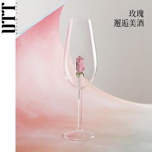 摩登女郎 红葡萄酒高脚杯轻奢香槟气泡家用酒具礼物 玫瑰花 法式