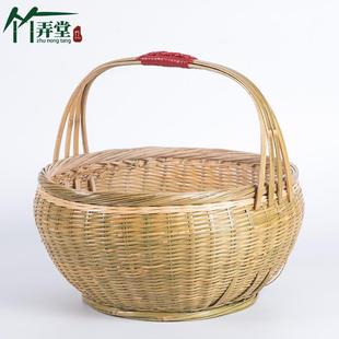 大号家用收纳装 手工天然竹编手提篮 购物篮 菜篮子 饰带盖 鸡蛋筐