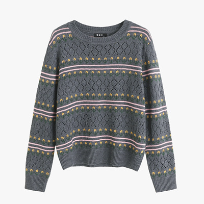 雯菠尔贝贝2026早春圆领条纹针织衫女宽松显瘦百搭毛衣打底上衣