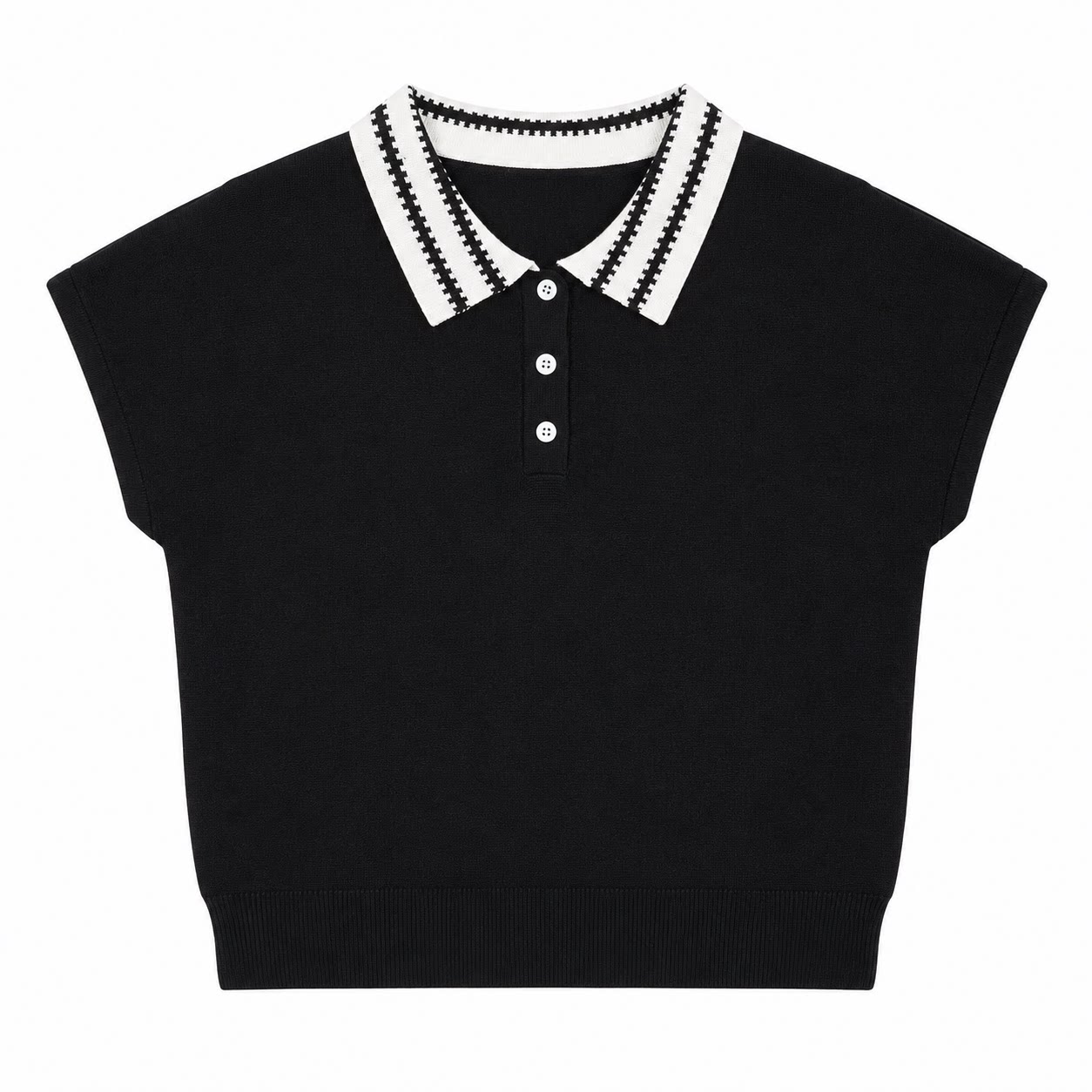 雯菠尔天丝POLO领短袖针织衫女黑色套头休闲上衣夏