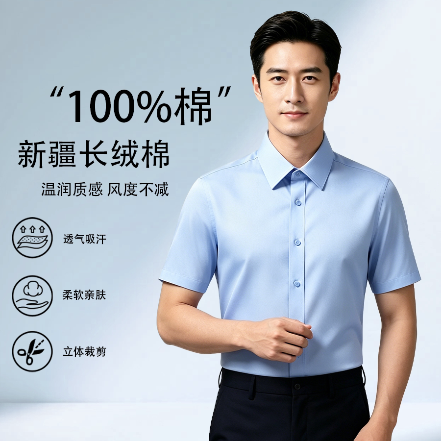 【100%棉】男士短袖衬衫成衣免烫抗皱纯色衬衣商务通勤工装舒适潮