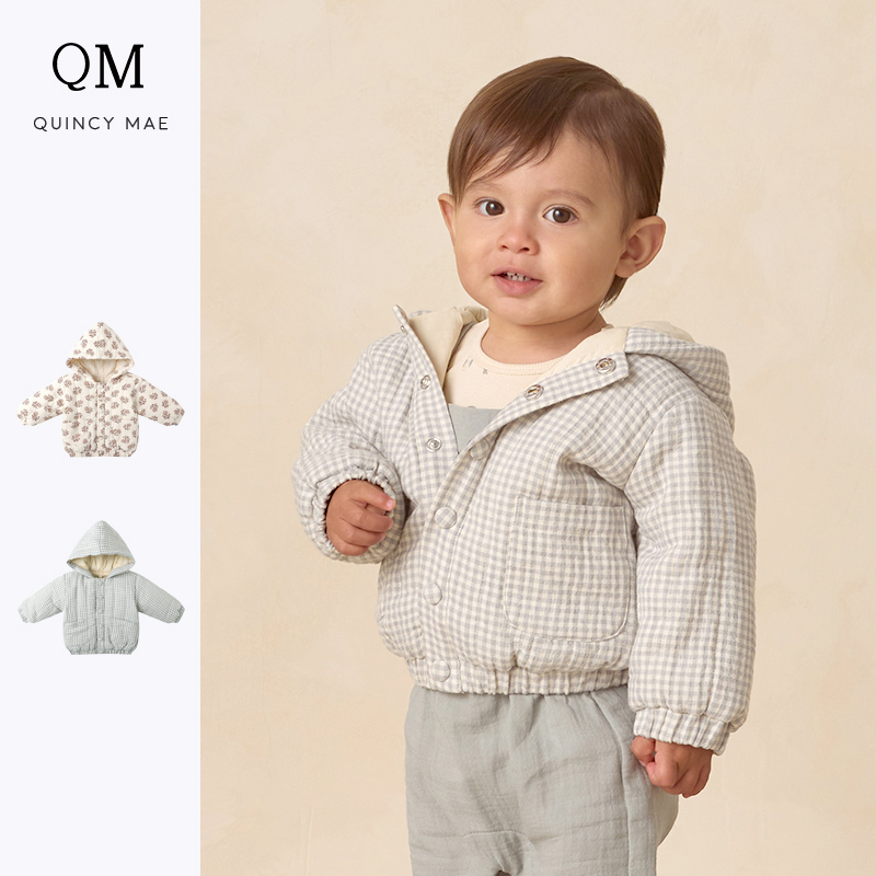 Quincy Mae童装秋冬新品手绘风格连帽外套软糯舒适保暖外出服