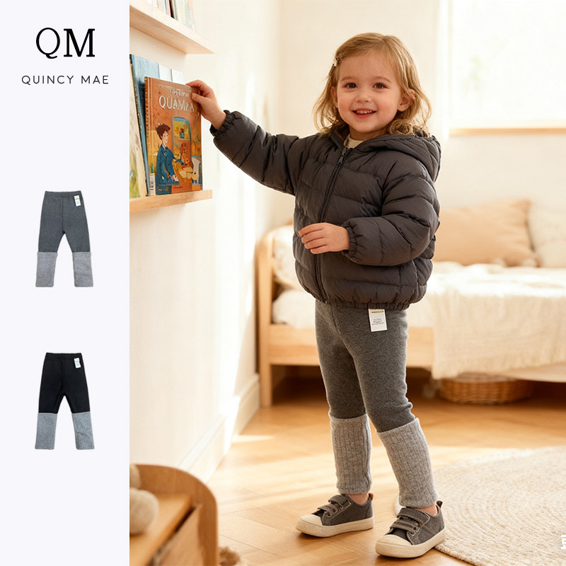 Quincymae童装女宝秋冬新品加绒假两件修身防风弹力打底裤外出裤