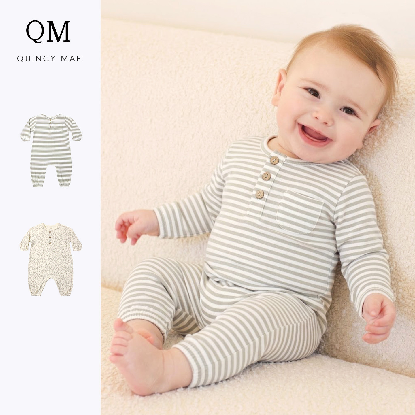 QuincyMae婴儿连体衣新生儿长袖条纹哈衣男女宝宝爬服纯棉家居服