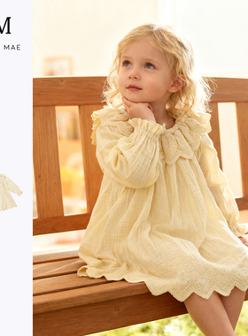 Quincy Mae童装秋冬新品花边领长袖女童连衣裙休闲甜美儿童连衣裙