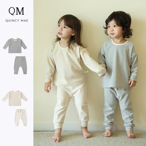 Quincy Mae童装夏秋新品圆领长袖长裤套装休闲家居服简约舒适