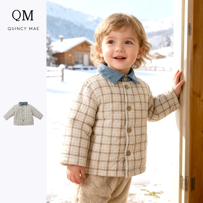 Quincy Mae格纹长袖棉服外套撞色翻领设计复古英伦风宝宝舒适上衣