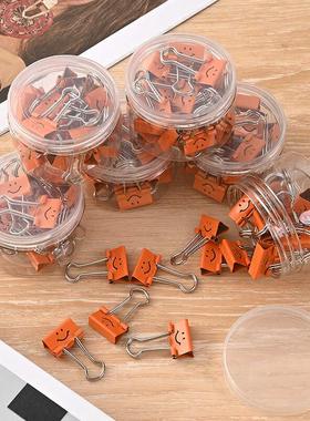 微笑长尾夹19mm小号橙色5#笑脸鱼尾夹20个桶装财务票据凤尾小夹子