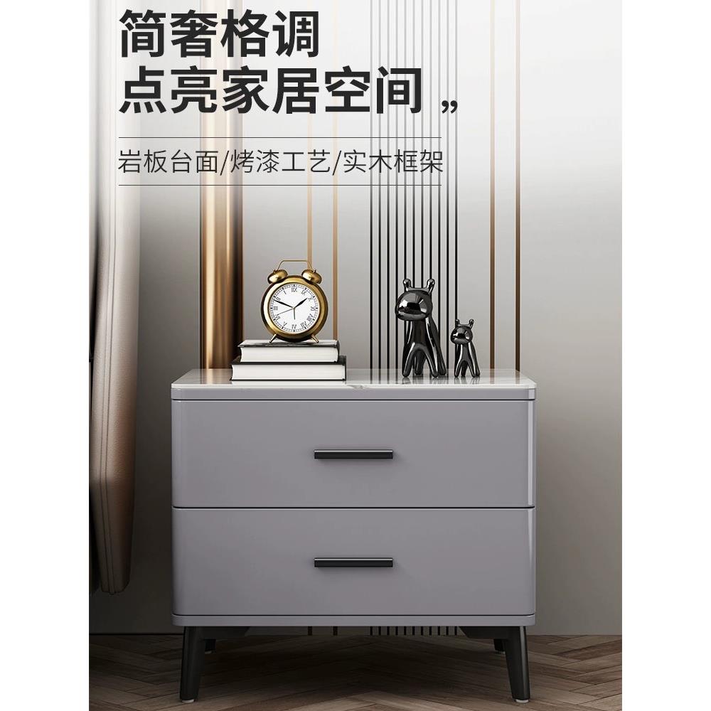彩绘石板床头柜豪华现代极简主义卧室极简主义高端全实木床头柜完