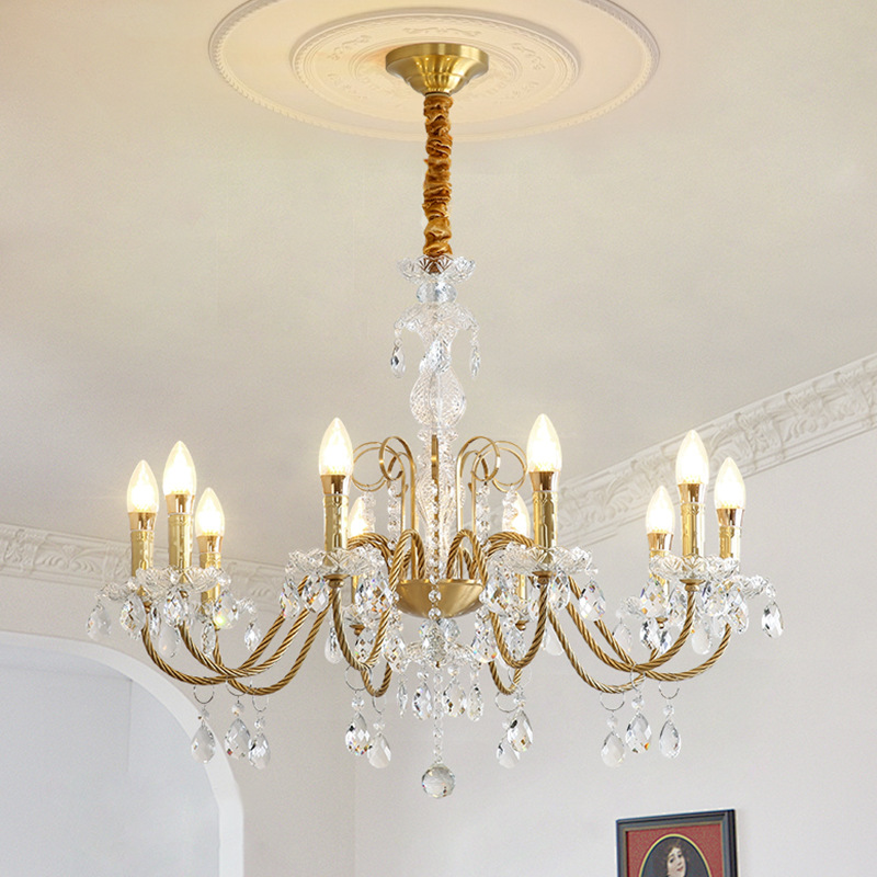 法式轻奢黄铜水晶蜡烛餐厅卧室吊灯北欧浪漫别墅客厅灯美式全铜灯