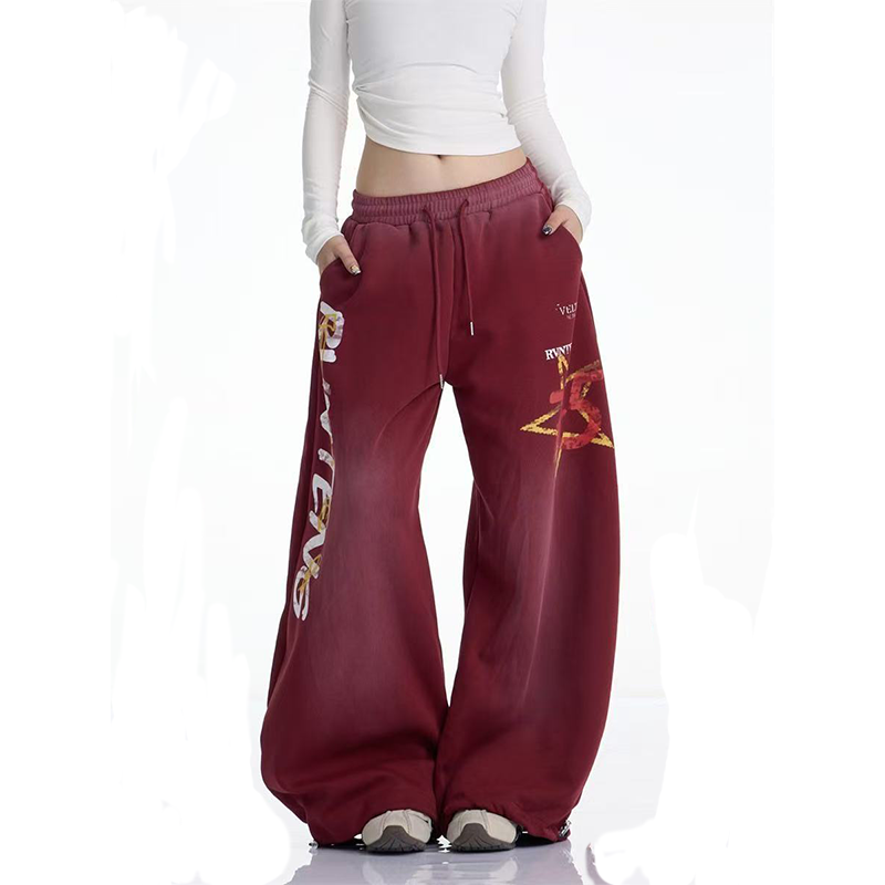 ACent美式复古红色五角星印花休闲裤女宽松直筒坠感拖地阔腿卫裤