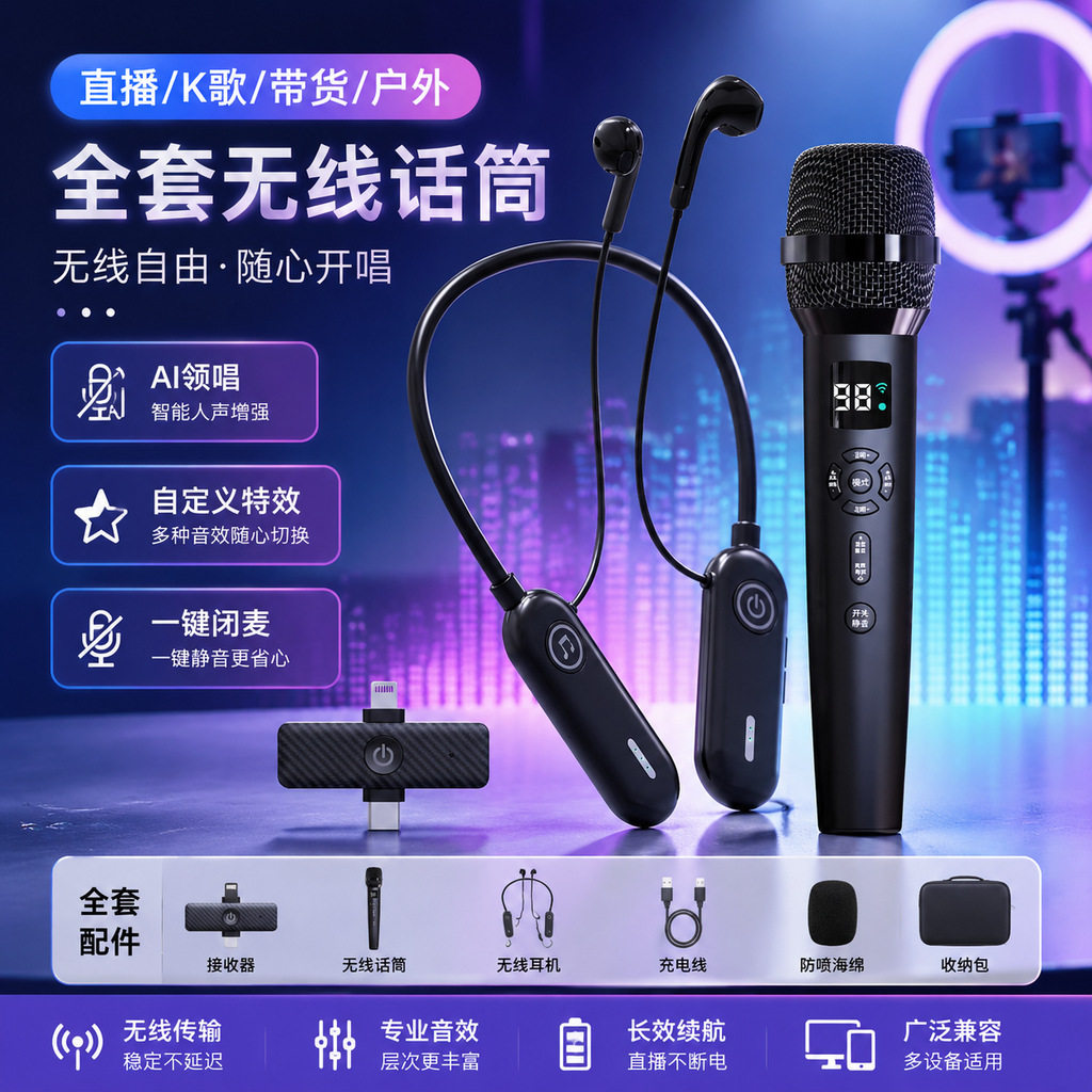 无线声卡直播套装K歌一体麦智能降噪主播带货唱歌专业对口型手机