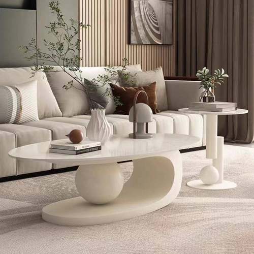 岩板茶几轻奢意式客厅家用椭圆形茶台小户型法式简约茶桌边几组合