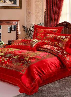 中国式婚庆绸缎四件套大红色龙凤百子图结婚床上用品秀婉