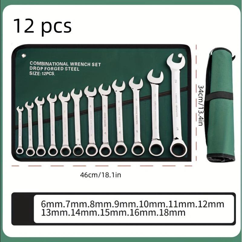 棘轮扳手绿色布袋12支套装汽修工具组套两用开口扳手机修工具