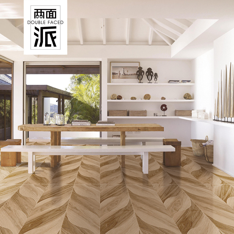 全瓷美式仿古原木色室内瓷砖600x1200鱼骨木纹砖客厅商场防滑地砖