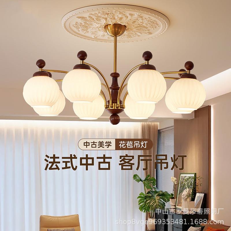 古风美式复古风卧室吊灯法式中古高级感实木设计师款艺术灯具