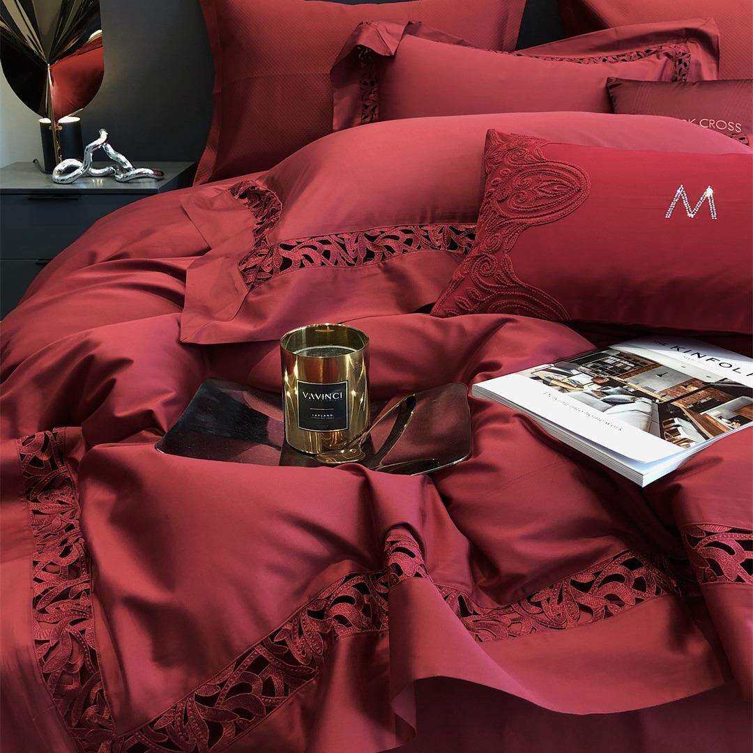 婚庆大红纯色镂空寝具床上用品S100纯棉长绒棉四件套家纺克拉喜庆