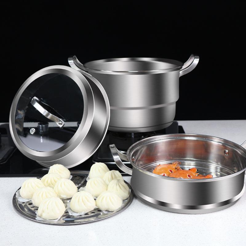 现货汤锅304不锈钢煲汤电磁炉煮锅大容量加厚3层蒸锅双耳汤锅