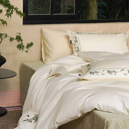 北欧轻奢竹叶刺绣全棉条纹提花四件套A类纯棉复古经典线条被套1.8