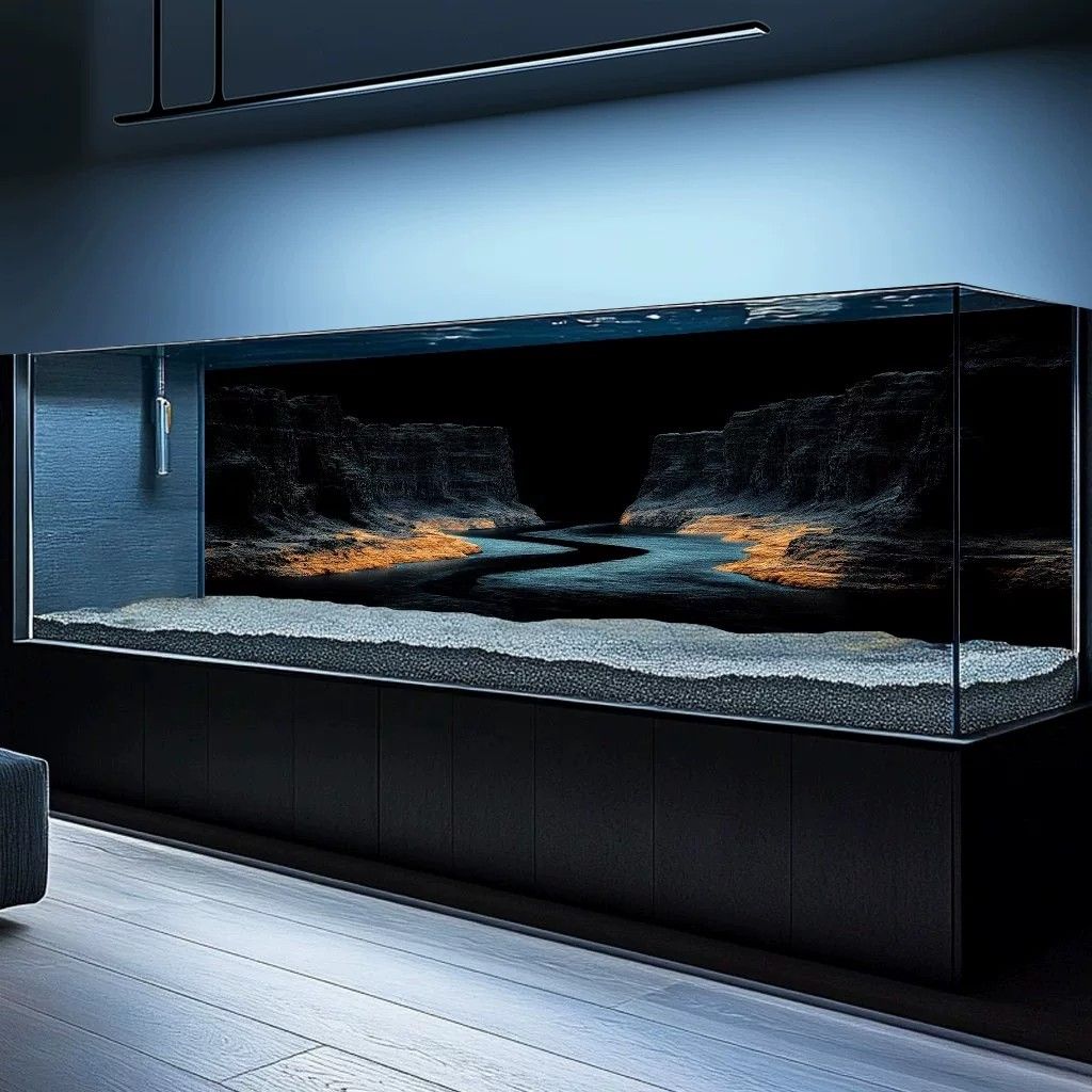 新款峡谷黑色鱼缸背景贴纸5d立体高清图水族箱溪流缸造景装饰壁画