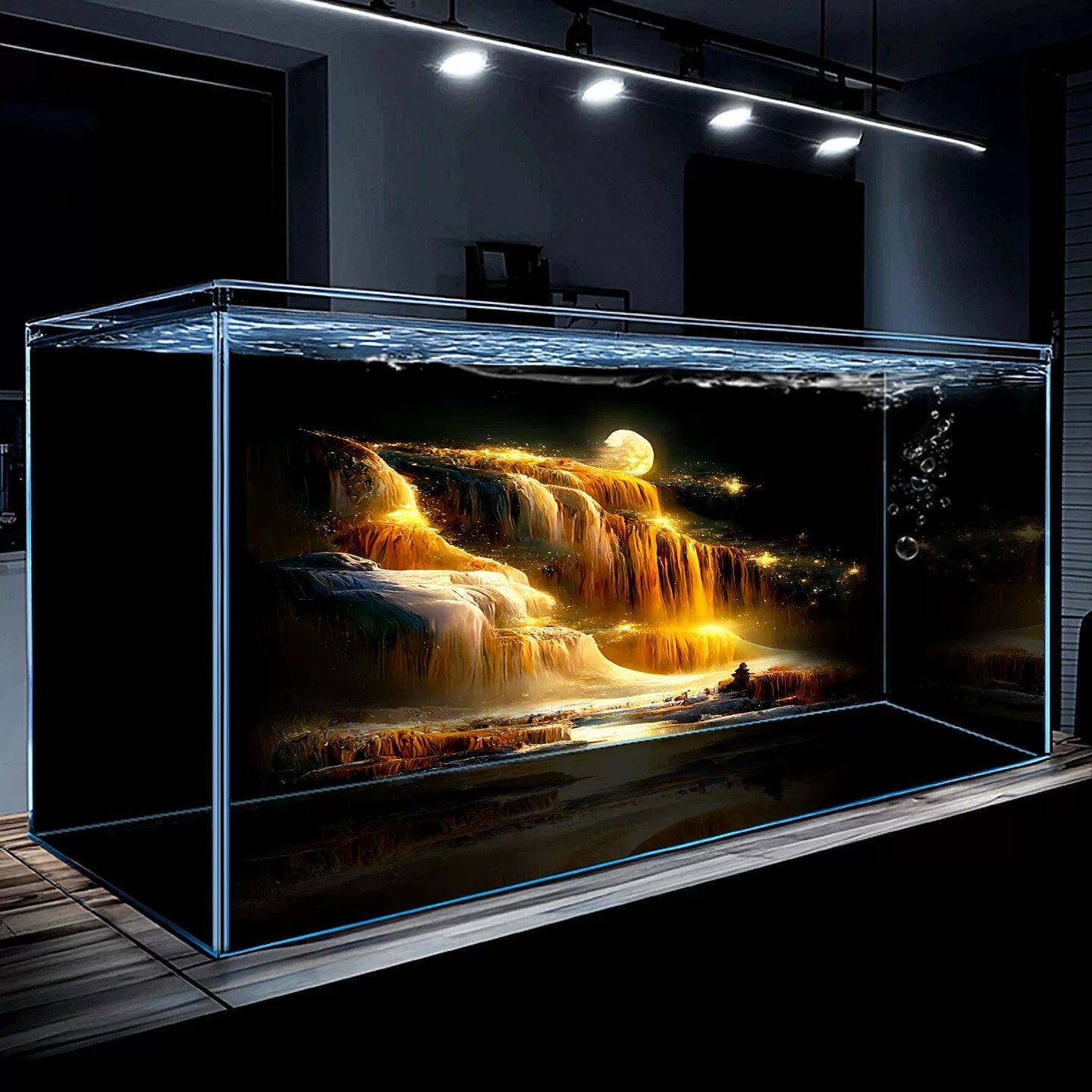 5d立体高清图月光星空水族箱造景专用装饰壁纸新款鱼缸背景画贴纸