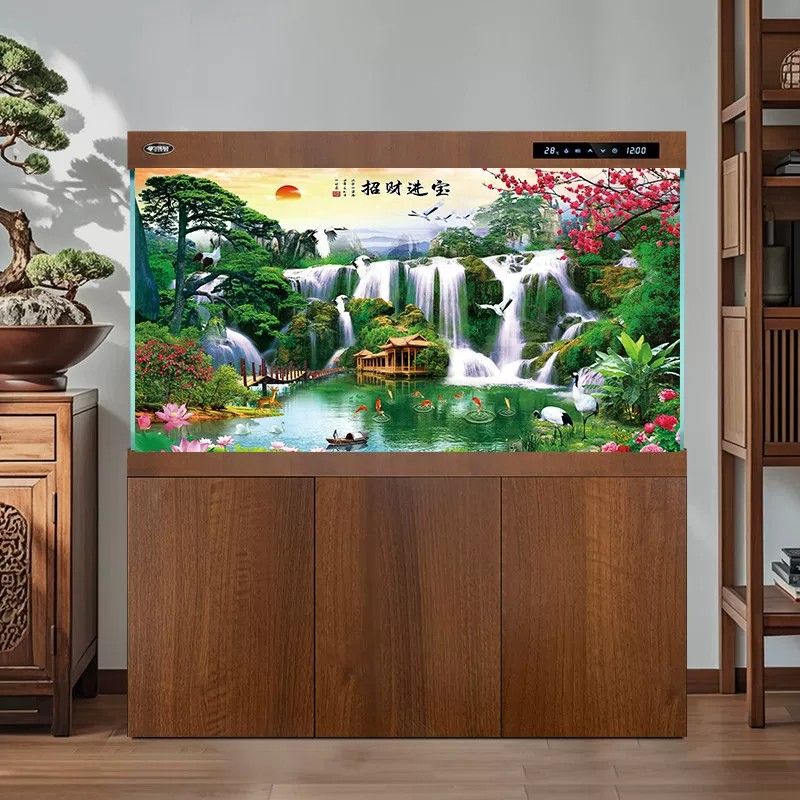 5d水族箱流水生财造景装饰画山水画鱼缸背景贴纸3d立体高清图壁纸