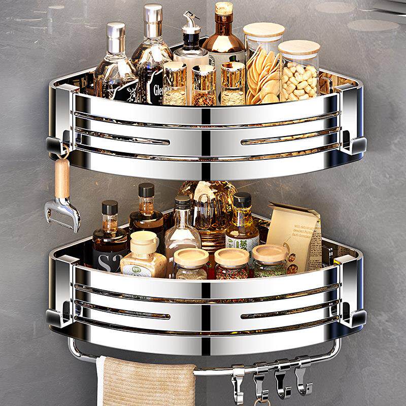 304不锈钢厨房调料品置物架壁挂式双层三角收纳架子免打孔多功能