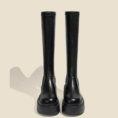 7CM～2025新款真皮厚底长筒靴女弹力瘦瘦靴增高长靴子高筒骑士靴