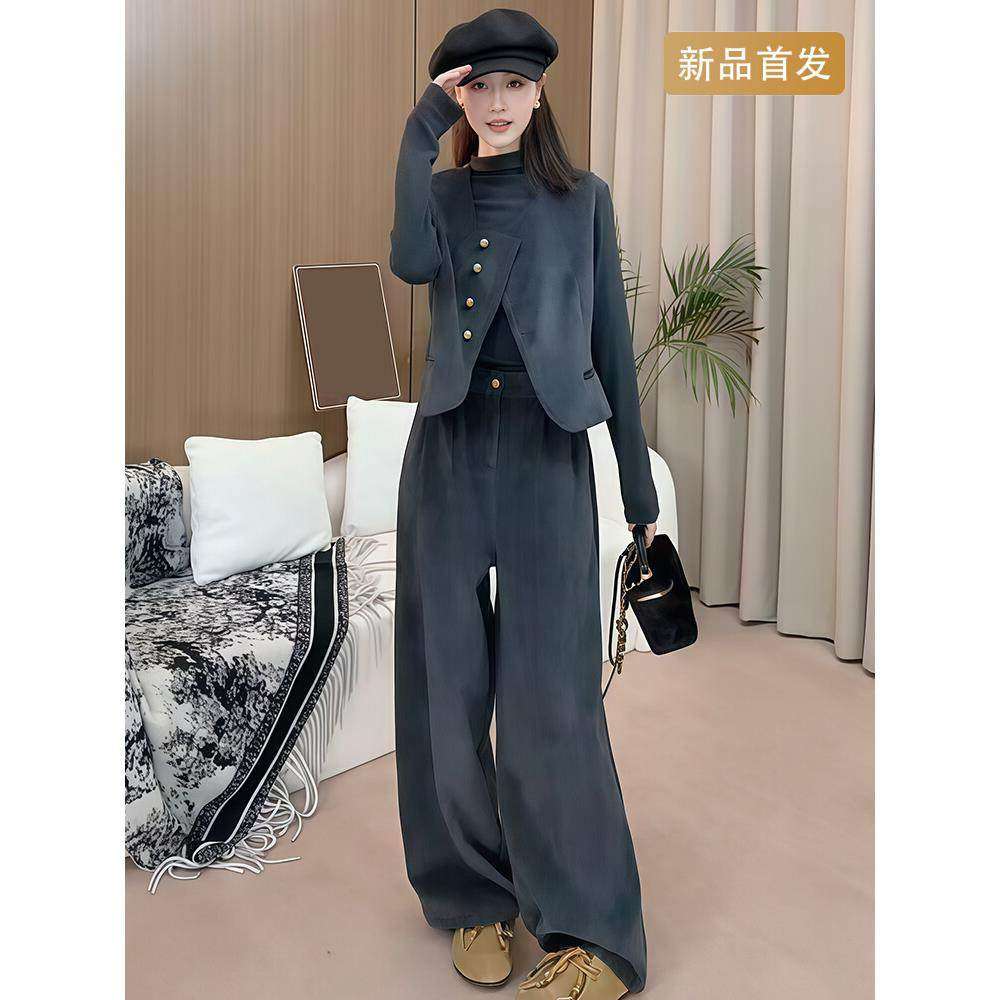 打底T恤马甲阔腿裤三件套女2025秋季新款今年流行爆款炸街一整套