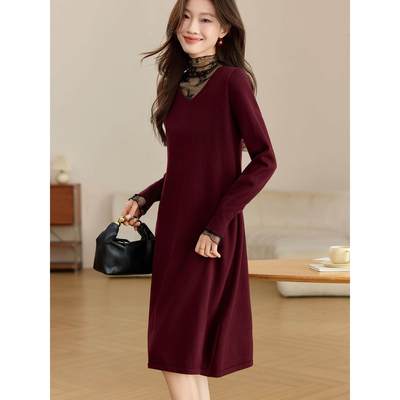 2025新款高级感蕾丝打底中长裙拼接V领针织连衣裙女秋冬洋气A字裙