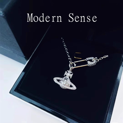 摩登圣饰S925纯银土星别针满钻项链女感锁骨链情人节生日闺蜜礼物