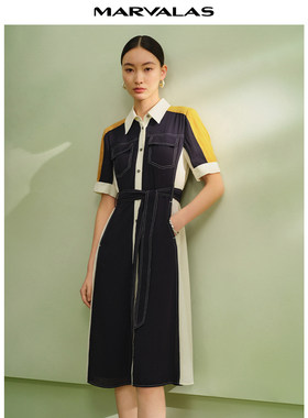 【粉丝专享】设计感撞色衬衫裙女2025夏季新款收腰款雪纺裙