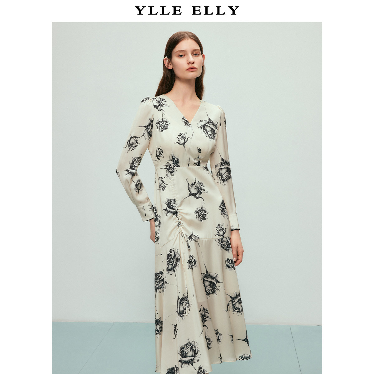 【粉丝专属】玫瑰印花连衣裙2025春季新款V领收腰抽褶