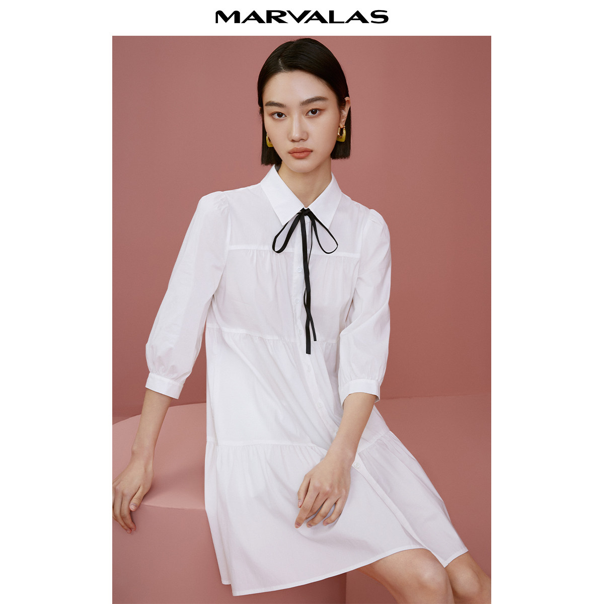 【呼呼专享】【商场同款】曼德诗飘带领连衣裙春季优雅气