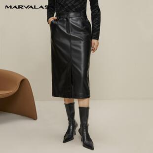 新款 曼德诗黑色开叉皮裙2024冬季 高腰优雅裙子 呼呼严选专享