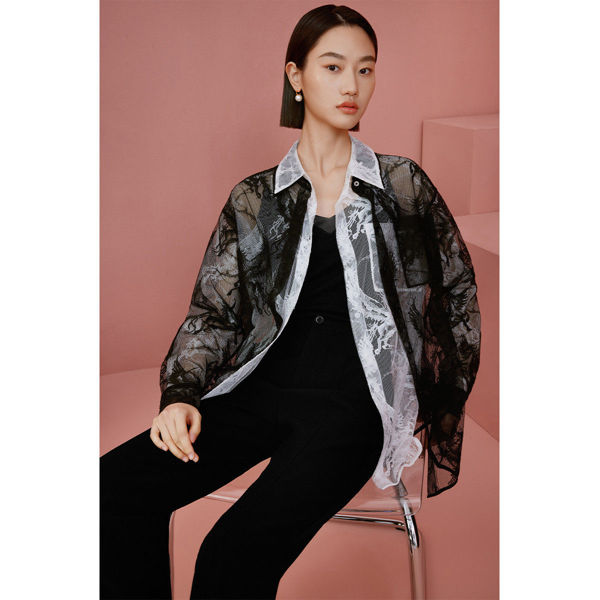 【廖廖粉丝专属】早春浪漫蕾丝提花衬衫春季网纱镂空