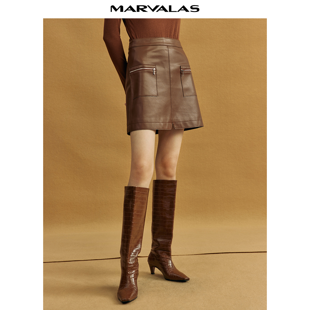 【廖廖专属】曼德诗皮裙半身裙女2022秋冬季新款黑色pu皮裙高腰a