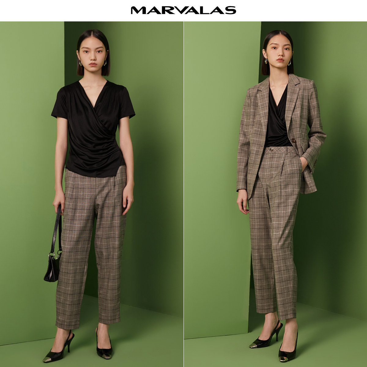 【粉丝专属】格纹西装裤英伦风直筒休闲裤高腰九分烟管裤M130937