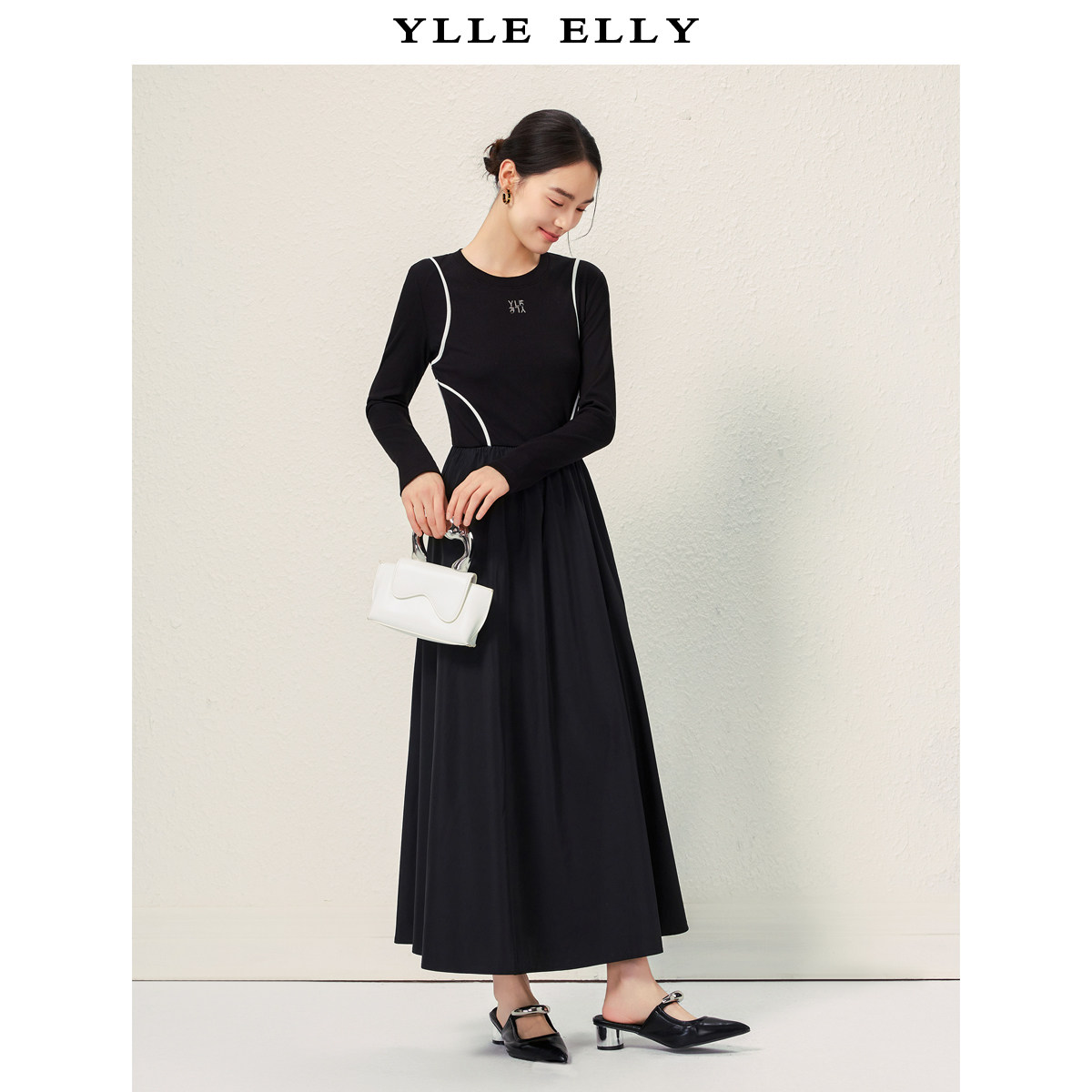 【粉丝专属】黑白撞色连衣裙2025秋季新款时尚修身百搭通勤小黑裙