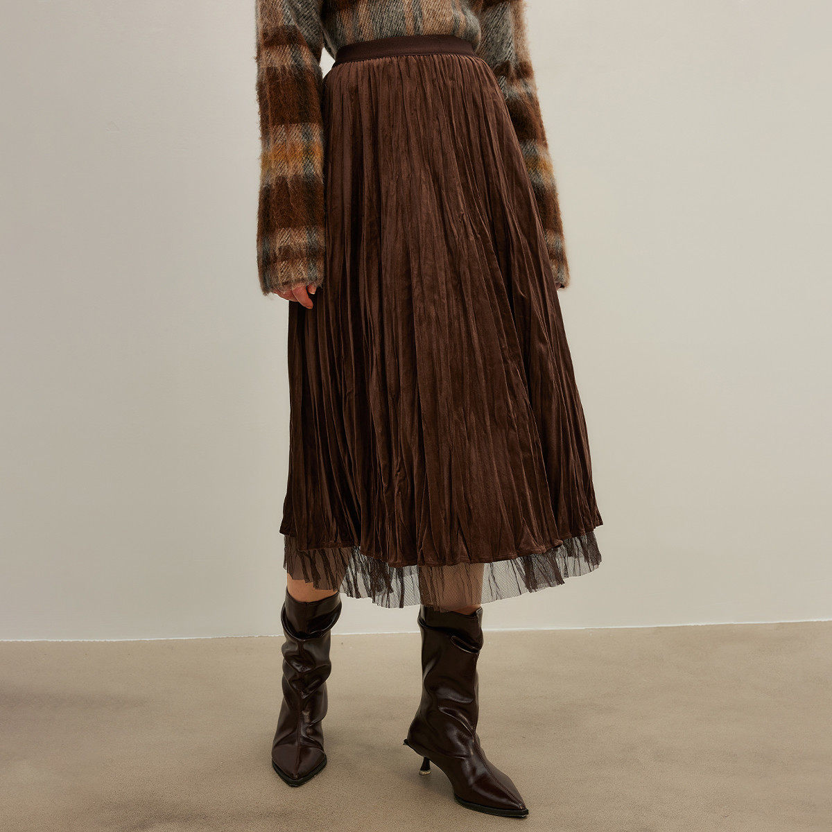 【粉丝专属】时尚高腰半身裙女秋季复古气质百褶网纱裙通勤中长裙