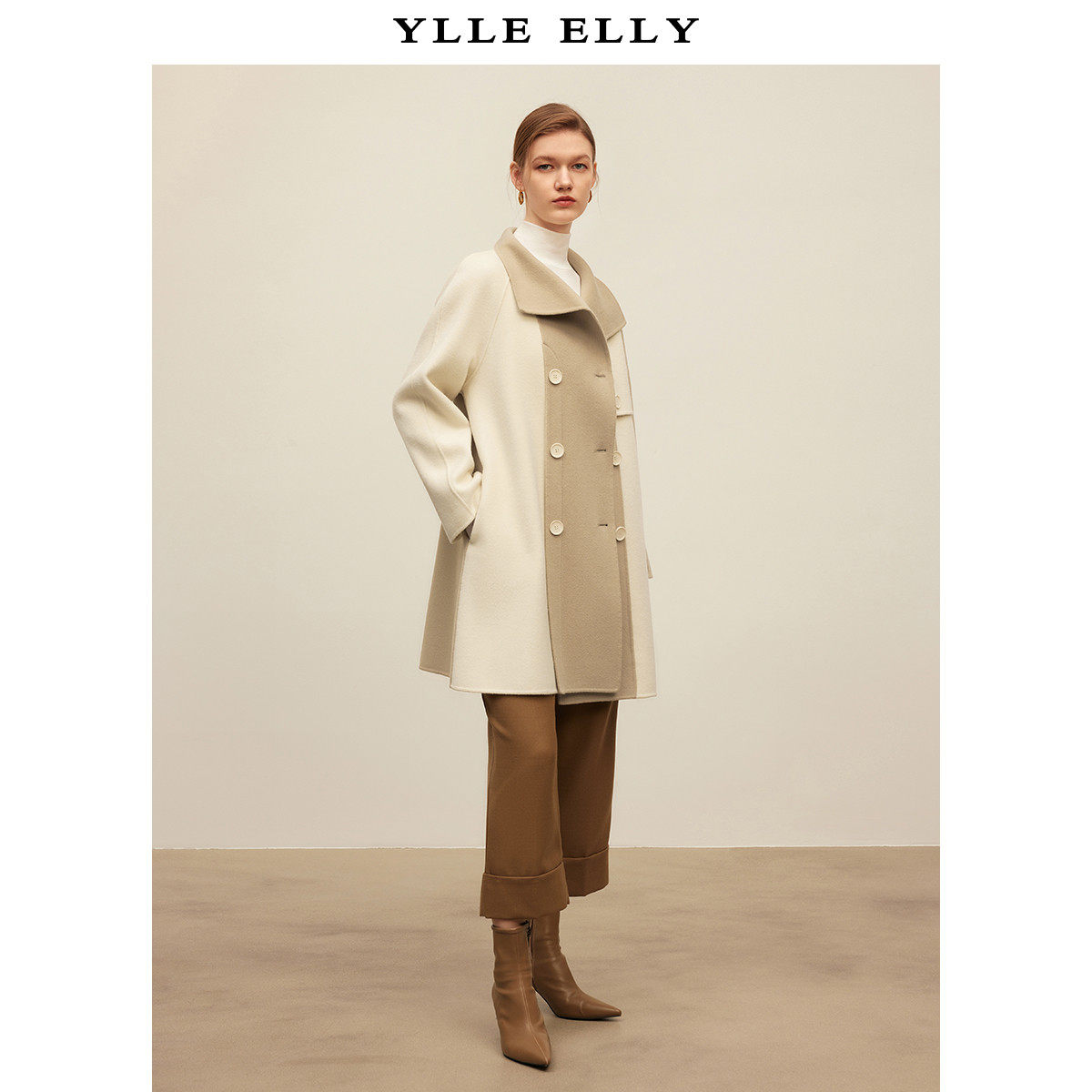 【粉丝专属】气质毛呢英伦风时尚撞色拼接绵羊毛双面呢外套Y43062