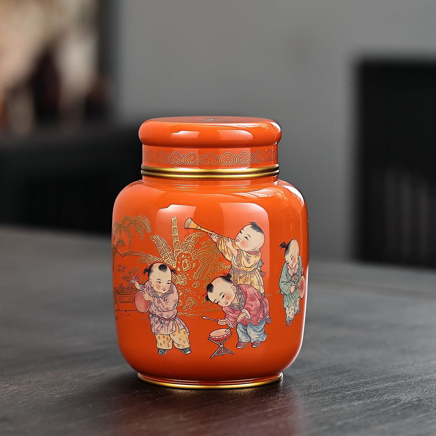 中式高纯度锡罐茶叶罐彩绘童趣图罐子茶叶密封罐复古茶罐储存罐