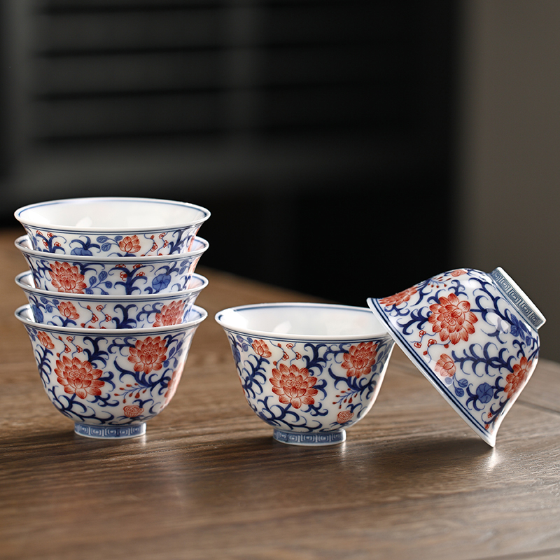 功夫茶杯青花釉里红品茶杯主人杯