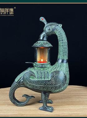 古青铜器摆件 凤鸟灯铜工艺品摆件客厅装饰古玩汉婚庆道具礼品