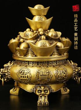 铜制存钱开 盖聚宝盆黄存钱筒家居客厅装饰品办公室店铺全铜摆饰