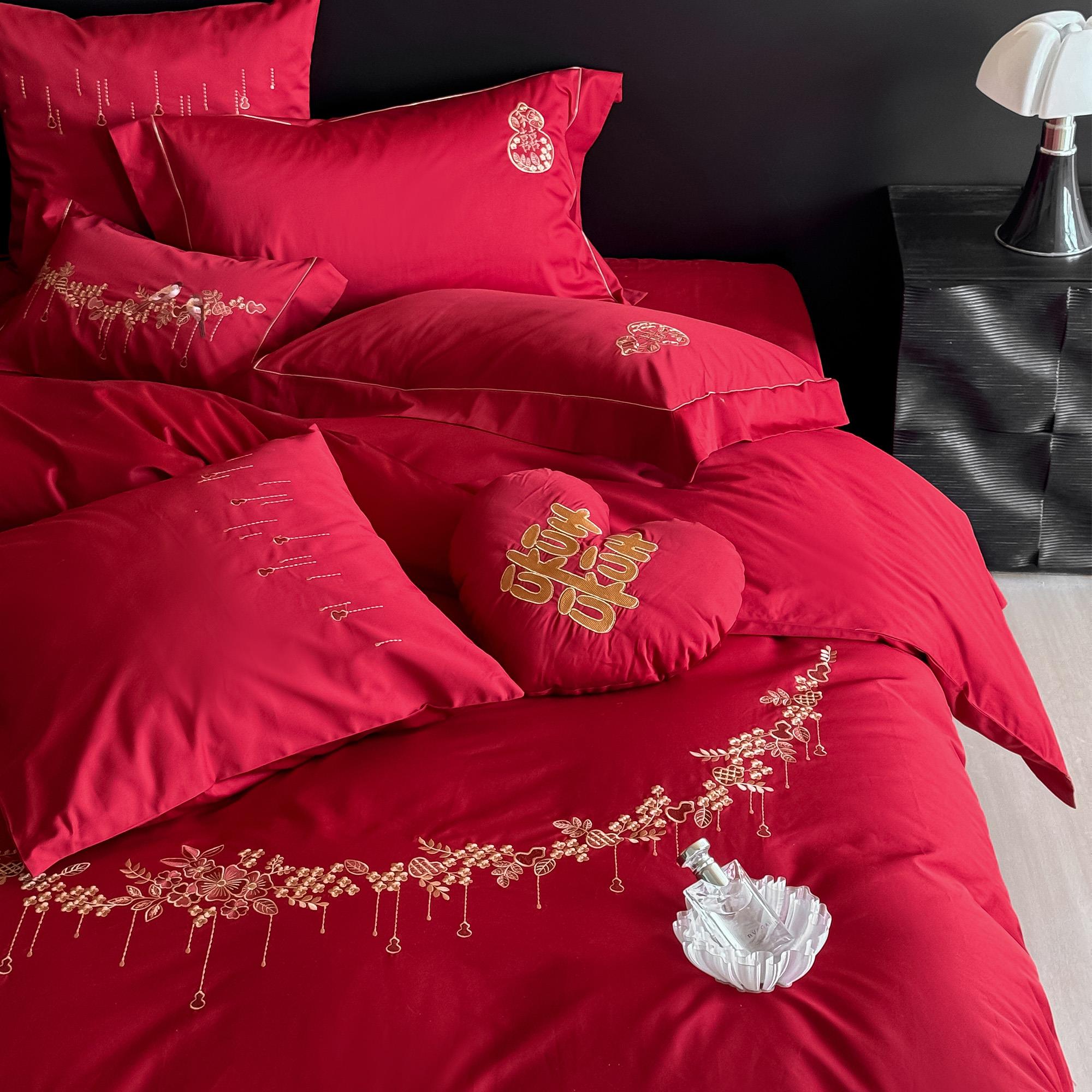 简约新中式婚庆床上四件套全棉100S长绒棉刺绣花红色结婚被套床单
